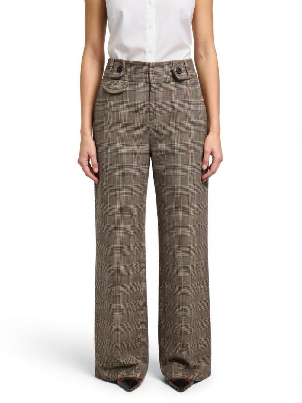 Banana Republic Wide-Leg Flare Wool High Rise Glen Brown & Black Plaid Pants
